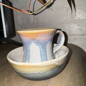 Handcrafted Ceramic Mug and Saucer Set - Multicolor